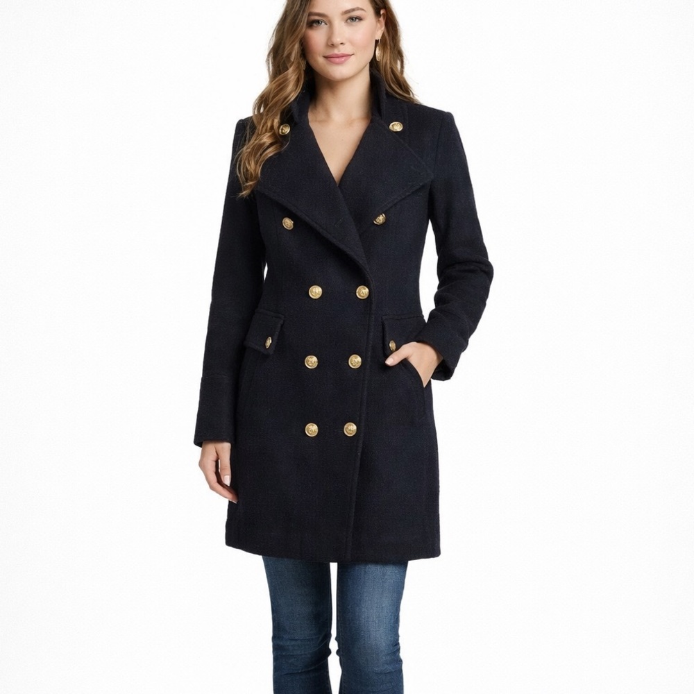 Moda International Pea Coat wool blend winter double breasted Black Womens Sz 10